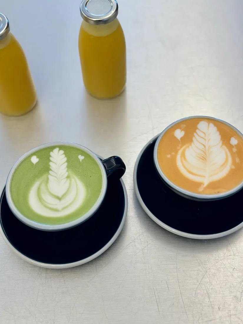 Matcha latte and fresh orange juice